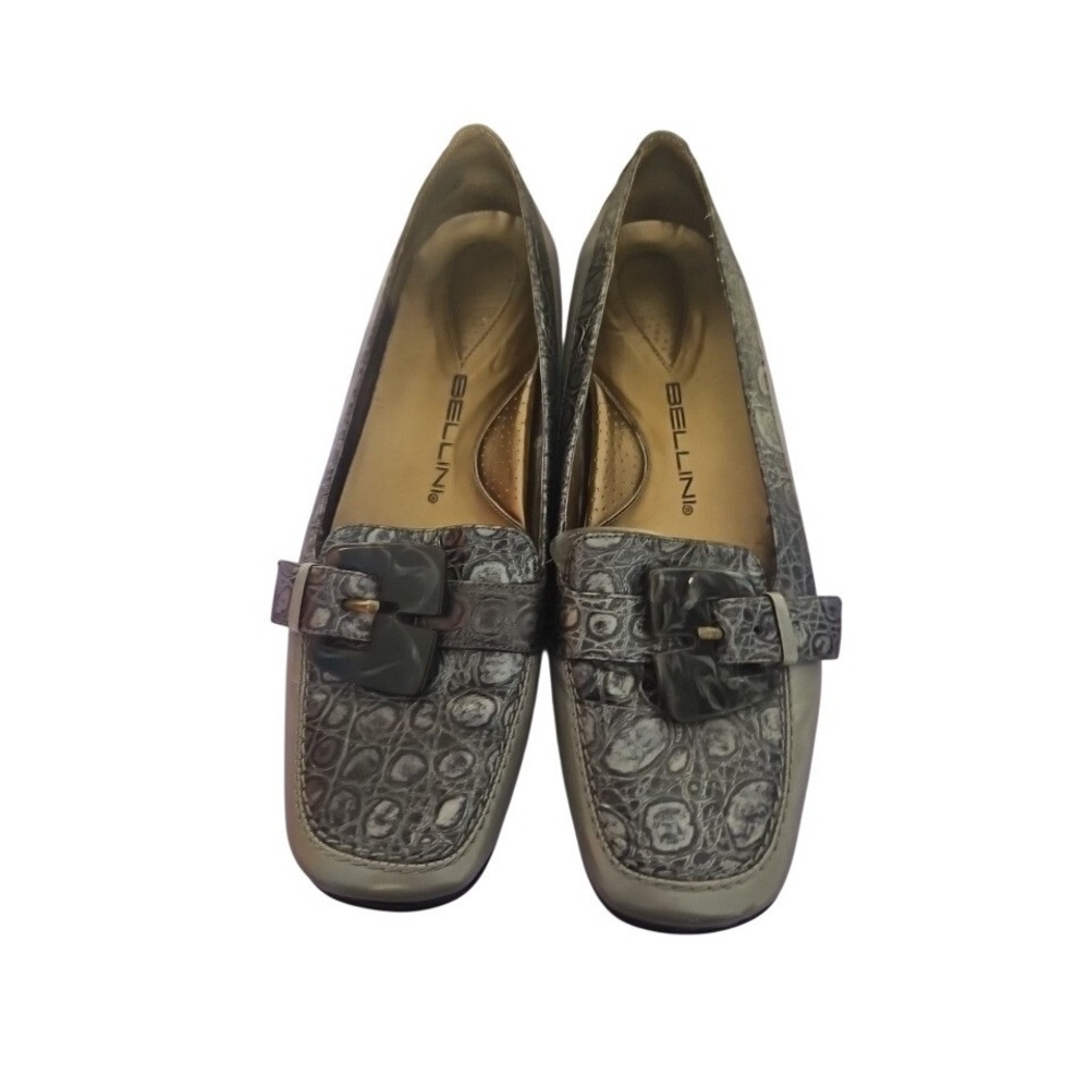 Bellini Womens Grey Croc Embossed Buckle Square Toe Low‎ Wedge Loafers Size 9.5W